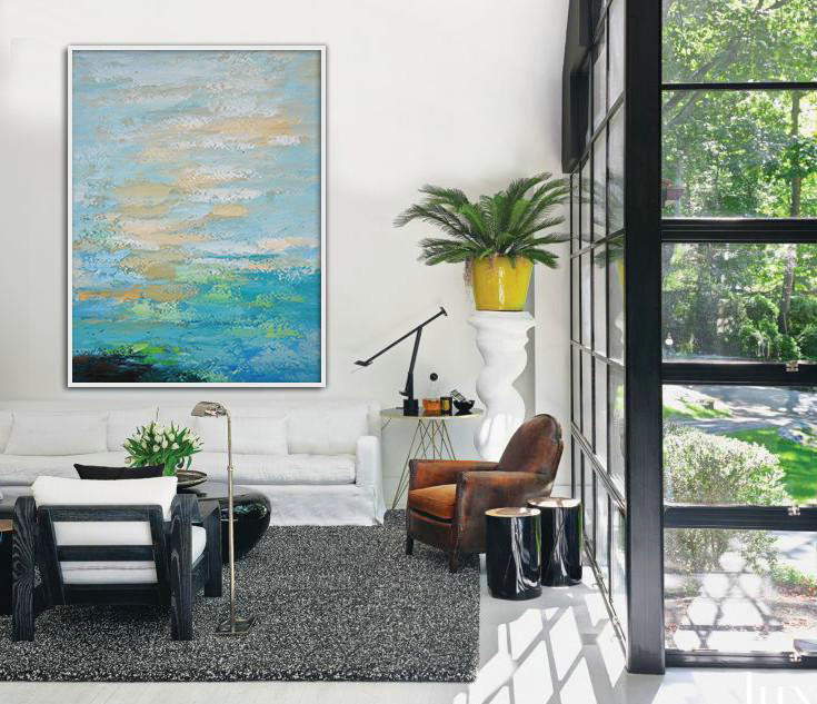 Extra Large Painting,Vertical Palette Knife Contemporary Art,Custom Canvas Wall Art,Blue,Yellow,White.etc